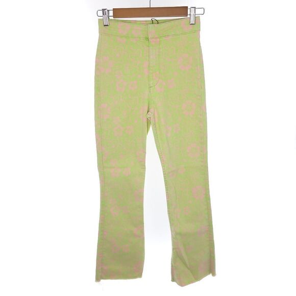 Zara Green Pin Floral Raw Hem Bootcut Jeans Womens Size US 4 - Picture 3 of 11